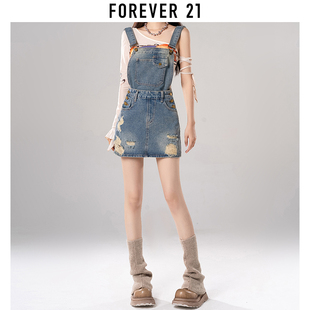 Forever 21复古牛仔裙女春夏设计感辣妹小个子破洞背带裙短裙子