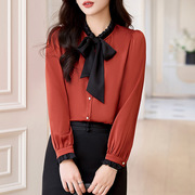 红色蝴蝶结独特设计气质打底上衣，雪纺衫女早春季长袖衬衫修身
