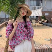 夏季女士短袖一字肩衬衫t恤洋气雪纺碎花，韩版上衣法式玫红24