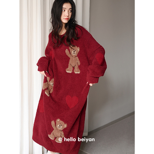 贝妍新婚睡衣冬季女款珊瑚绒，小熊睡裙女保暖半边绒结婚红色连衣裙