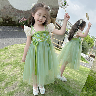 女童连衣裙夏季2024夏装汉服儿童小女孩超仙夏款薄款翠绿裙子