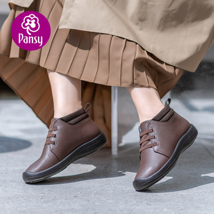 pansy日本女鞋短靴平底秋鞋软底防滑圆头，高帮休闲鞋秋季