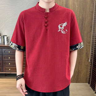 中式亚麻短袖t恤男复古汉服，棉麻刺绣中国风，宽松大码五分袖上衣