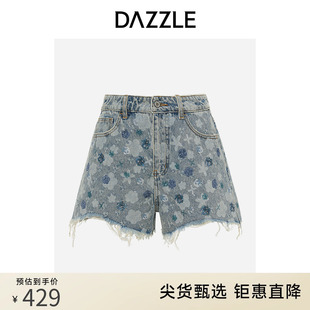 dazzle地素奥莱蓝色复古印花做旧毛边设计牛仔短裤热裤女