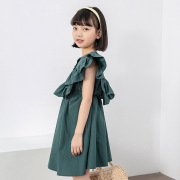 2023夏季韩版童裙荷叶边连衣裙女孩纯色无袖洋气公主裙橄榄绿