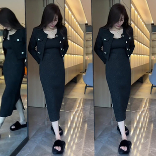 黑色气质小香风套装女欧货，2023秋冬韩版短外套高腰半裙两件套