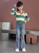女童绿色条纹V领毛衣秋季洋气烫钻牛仔裤套装儿童针织韩版潮