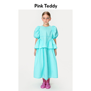 PinkTeddy童装儿童泡泡袖上衣23夏装半身长裙女童蓝色套装两件套