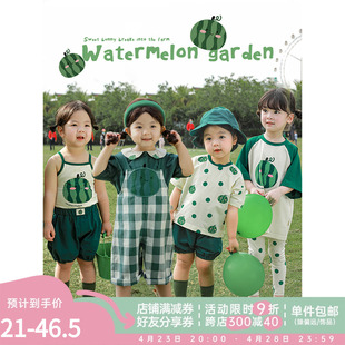 幼悠女童绿色西瓜系列套装夏季儿童插肩短袖，宝宝休闲宽松裤子