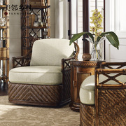 东南亚海岛风格单人沙发椅 棉麻布艺软包植物藤编艺术休闲椅沙发