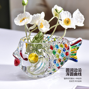法兰晶玻璃彩色花瓶创意鱼形水培绿萝花器桌面摆件办公室装饰品