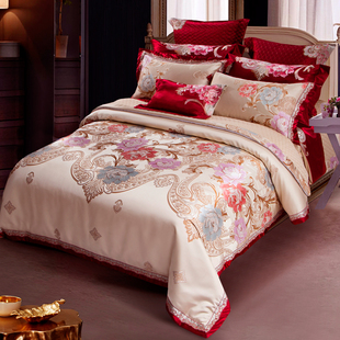 高档欧式婚庆四件套床上用品奢华大红刺绣贡缎，六八十件套结婚床品