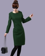 秋冬羊毛常规一步毛呢，冬季单件长袖淑女，打底绿色真品连衣裙