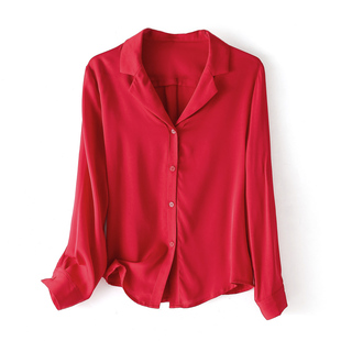 复古石榴红色西装领衬衣女极简轻奢缎绒宽松通勤时尚纯色长袖衬衣