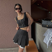 韩国女装2023夏季款时尚条纹短款翻领背心+半身短裙休闲套装