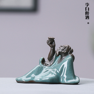 经典人物诗人李白醉酒哥窑可养茶宠茶盘创意摆件，陶瓷鱼缸配景装饰
