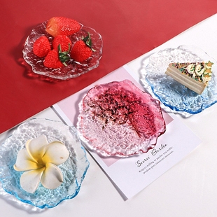 日式水晶玻璃盘子粉色创意，点心水果盘早餐沙拉，餐盘家用甜品碟子