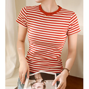 红色条纹T恤女夏季2023年休闲韩版宽松圆领短袖ins潮体恤上衣