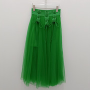 2023春夏时尚绿色高腰绑带，a字半身裙，女牛仔拼接网纱蓬蓬裙仙