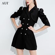 aui黑色特别设计感短款外套套装，女2023春秋，无袖西装裙两件套