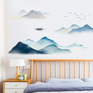 墙纸自粘背景墙贴画墙壁，山水画贴纸床头墙，面纸贴卧室装饰房间布置