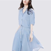条纹衬衫连衣裙女2023夏装，设计感宽松休闲中长裙，波蓝白型高腰收褶