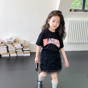 女童套装夏款2023洋气韩版黑色字母短袖T恤上衣+半身纱裙套装