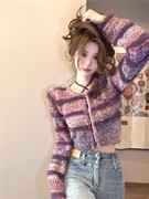 紫色条纹v领毛衣秋冬修身短款长袖针织开衫毛毛拼接上衣