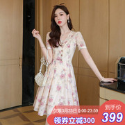 点点yesjing原创设计2022春夏法式碎花粉色连衣裙女小个子雪纺裙