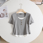 鸟+时尚撞色拼接假两件设计感短袖春装修身显瘦灰色T恤上衣女