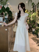 韩版夏季连衣裙温柔风褶皱设计花朵桃心领纯色吊带裙