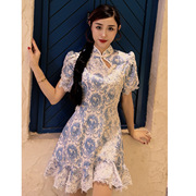 中程茧儿(程茧儿)蓝色，印花拼接蕾丝短款旗袍改良日常旗袍连衣裙