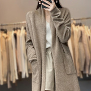 秋冬100%羊绒开衫女v领纯色宽松外搭上衣中长款针织羊毛外套