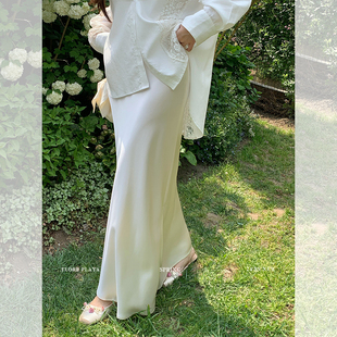 花花媛Florr Playa鎏光垂感 法式白色醋酸半身裙女夏高腰包臀长裙