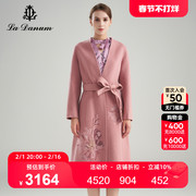 阿丹娜秋冬女粉色羊毛混纺刺绣中长款气质风衣腰带LTA652DNA0