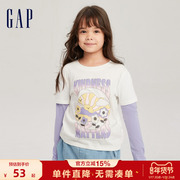Gap女幼童大童秋季纯棉假两件长袖合身T恤儿童装洋气运动上衣