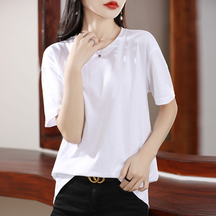 白色丝光棉t恤女24夏季纯色100%纯棉短袖，上衣精梳棉体恤定制