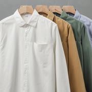 衬衫男春秋纯棉高级感休闲纯色白色翻领美式重磅长袖衬衣复古外套