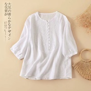 亚麻短袖女t恤宽松夏季白色，上衣宽松褶皱五分袖半袖衬衫棉麻女装