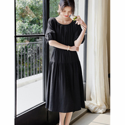 黑色连衣裙女夏季2024优雅气质，通勤插肩袖圆领，设计感显瘦裙子