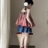 2024夏季韩版女童红格子吊带娃娃衫裙摆式吊带衫牛仔裙短裙子