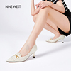 Nine West/玖熙流苏金属扣高跟鞋春法式中跟尖头气质单鞋黑色