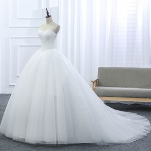 新娘婚纱礼服绑带韩式修身抹胸分齐地婚纱和拖尾婚纱蓬蓬裙显瘦
