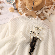 甜美灯笼袖蕾丝打底衫女长袖秋冬款高领褶皱白色内搭网纱仙女上衣