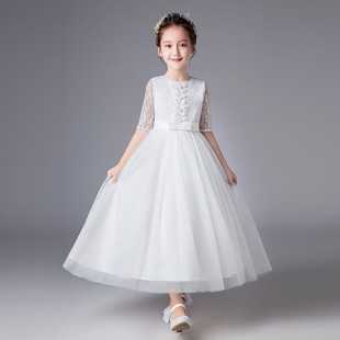 儿童裙子公主礼服2024春夏，连衣裙纱裙舞台，表演服白色走秀长裙