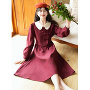 蝴蝶结酒红色假两件女连衣裙秋冬季法式复古设计感订婚礼服长裙子