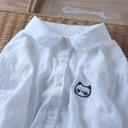 日系小清新娃娃领 纯色简约贴布猫头文艺白衬衫 双纱全棉百搭衬衣