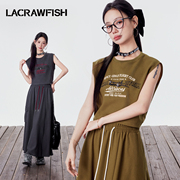 lacrawfish美式复古印花无袖背心，短款t恤半身裙辣妹休闲套装女