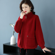 红色毛呢外套女秋冬2022年加厚长袖拉链立领夹克宽松休闲上衣