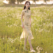 旗袍2024年女夏季复古中国风花朵中长款年轻款改良连衣裙日常